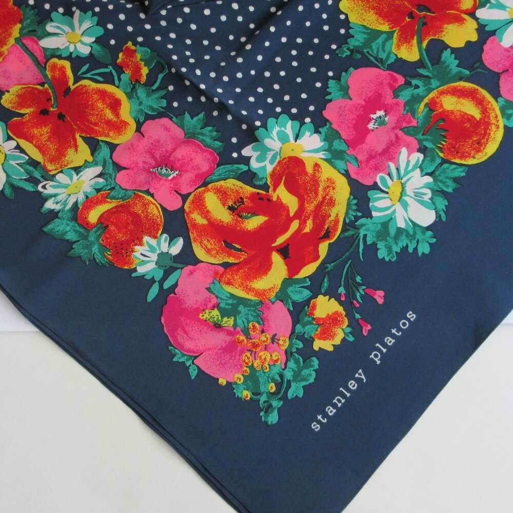 Stanley Platos Scarf Wrap Navy Floral & Polka-Dots 40" x 44" Vintage